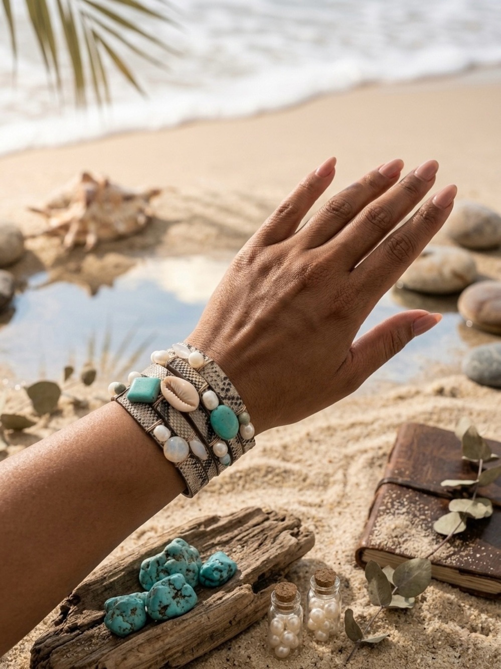 Boho Turquoise & Shell Multi-Strand Wrap Bracelet